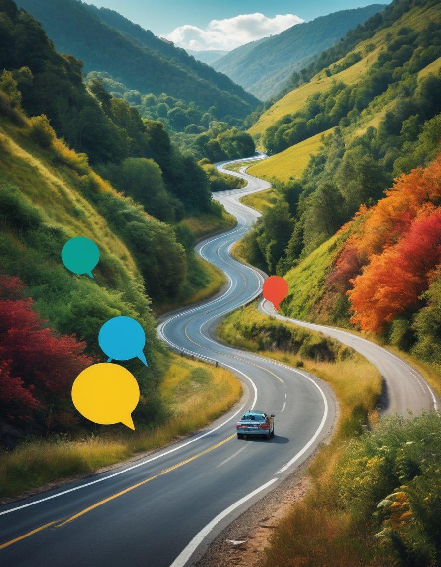 A vibrant journey visualization featuring a winding road leading through various landscapes, symbolizing the progression from feedback to insight. Include colorful speech bubbles along the road filled with diverse opinions and ideas, and a light bulb at the end representing enlightenment. The atmosphere should evoke a sense of connection and collaboration, with people interacting in various settings. surrealistic. vibrant colors. expansive background.
