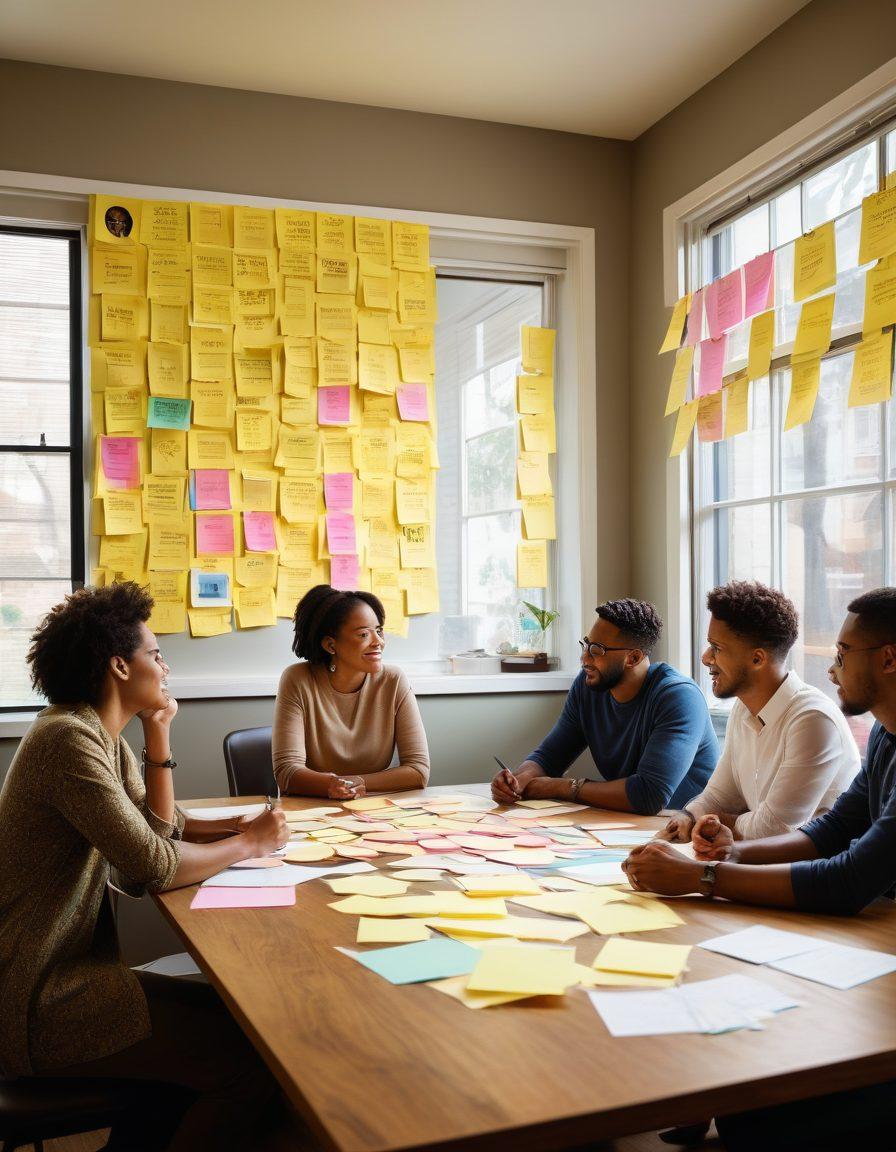 A diverse group of people gathered around a large, round table, sharing ideas and discussing passionately. Each person represents different cultures and backgrounds, showcasing a variety of expressions and gestures. Bright light streams in from a window, illuminating papers and laptops covered with colorful sticky notes, symbolizing the flow of ideas. The background features a gallery wall of framed quotes and thought-provoking images. vibrant colors. super-realistic.