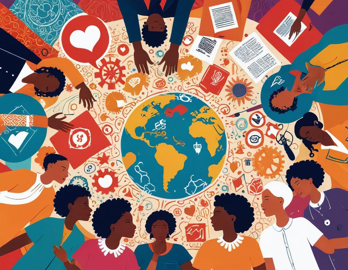 A colorful roundtable scene featuring diverse individuals from various backgrounds engaged in passionately sharing ideas; speech bubbles filled with symbols representing different viewpoints like a globe, gears, hearts, and books. Emphasize unity and collaboration, with warm light shining down to symbolize enlightenment. Illustrate a vibrant atmosphere with unique patterns on clothing to represent cultural diversity. bright colors. vector art. dynamic composition.